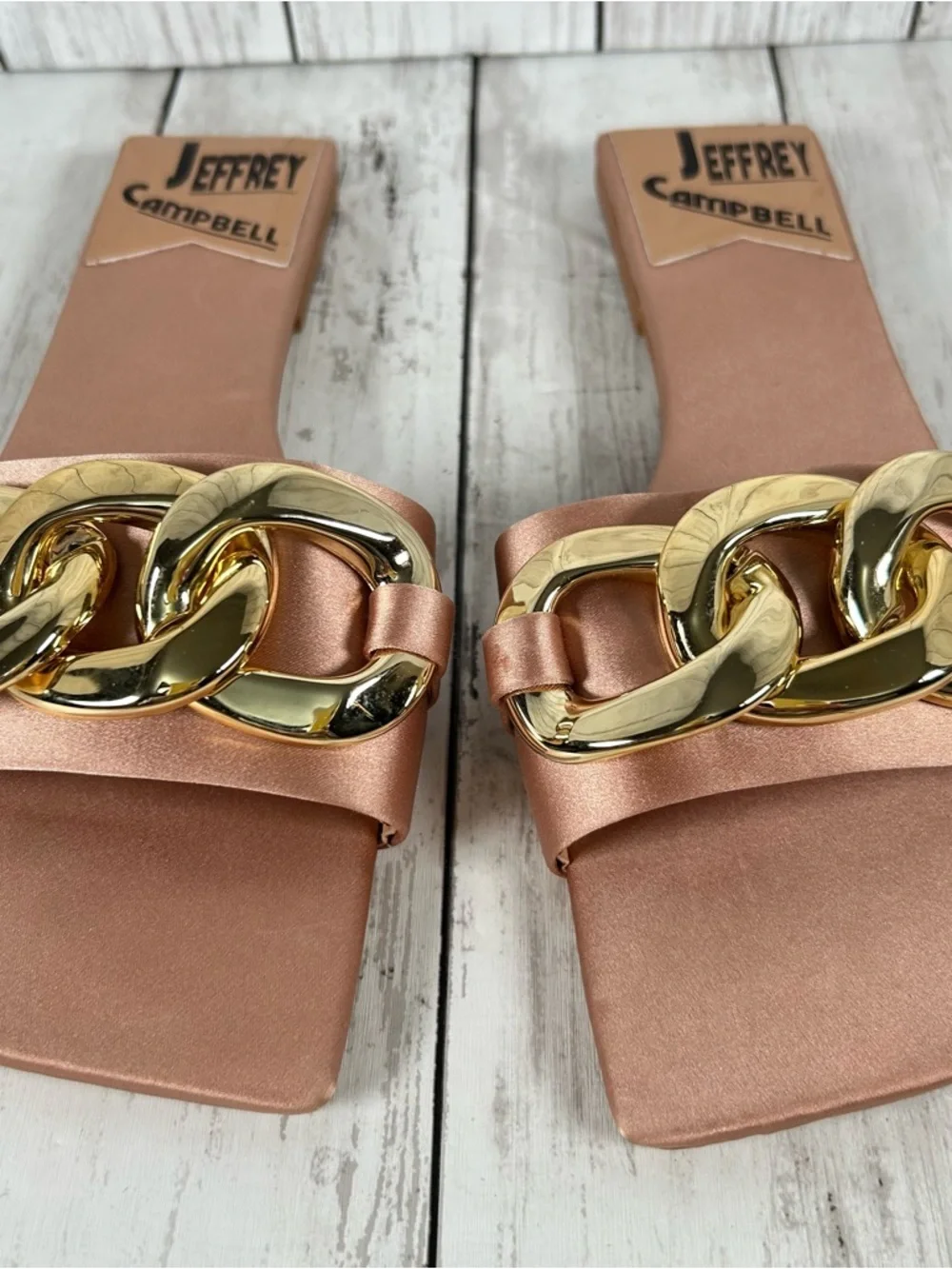 Jeffrey Campbell Park Chain Slide Flat Evening Sandals in Rose Gold Satin Size 8